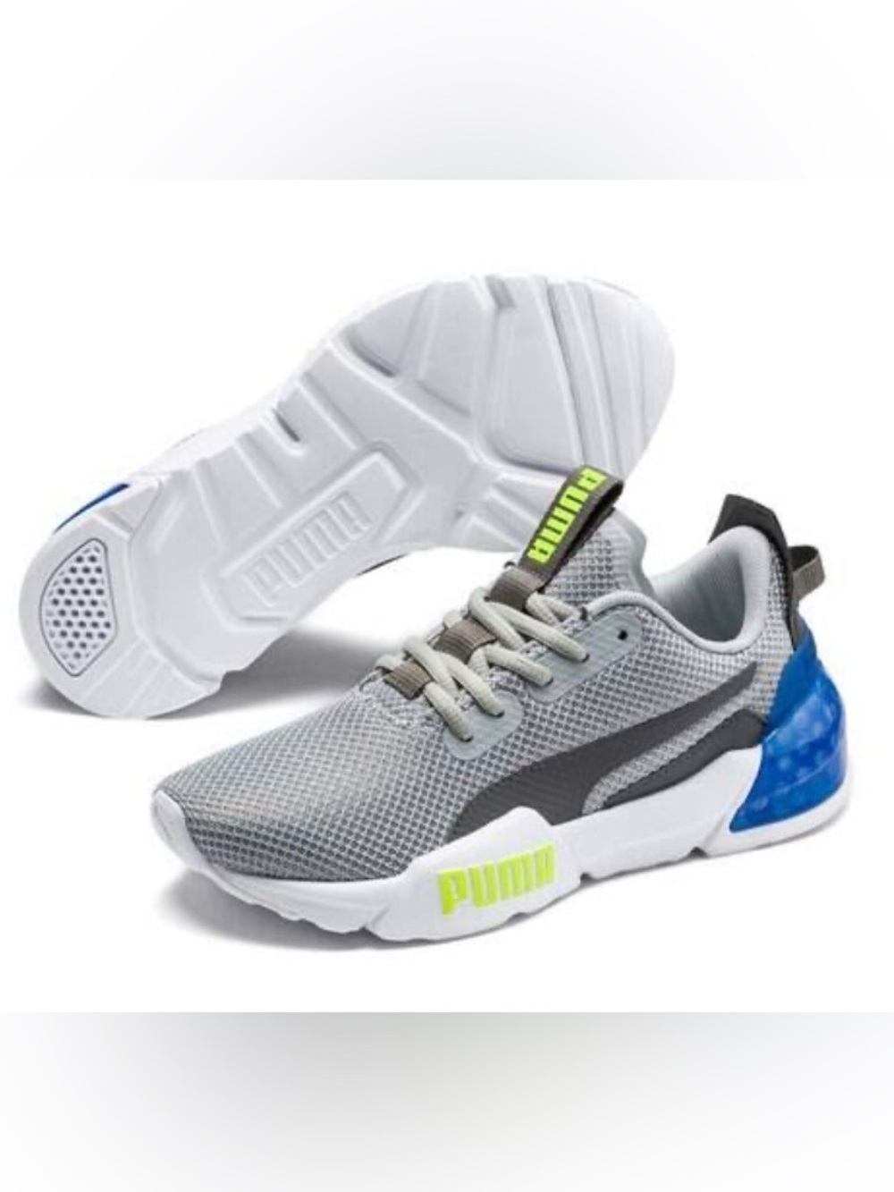 Puma Kids Light Gray Mesh Sneakers with Blue Heel and Neon Yellow Logo